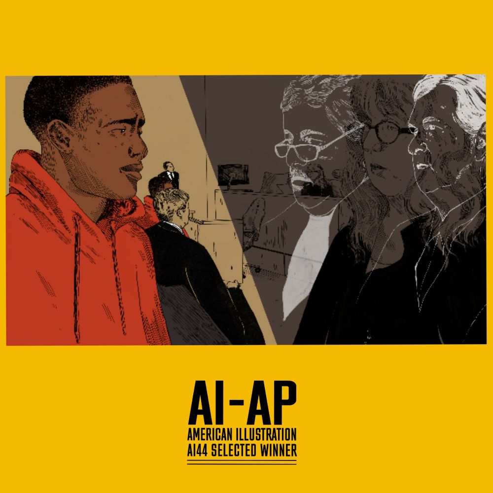 Illustration of a man in court standing infront of three judges 