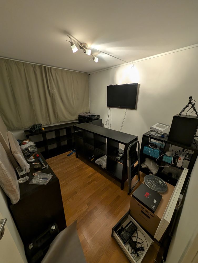 A DJ studio in a chaotic non-functioning state