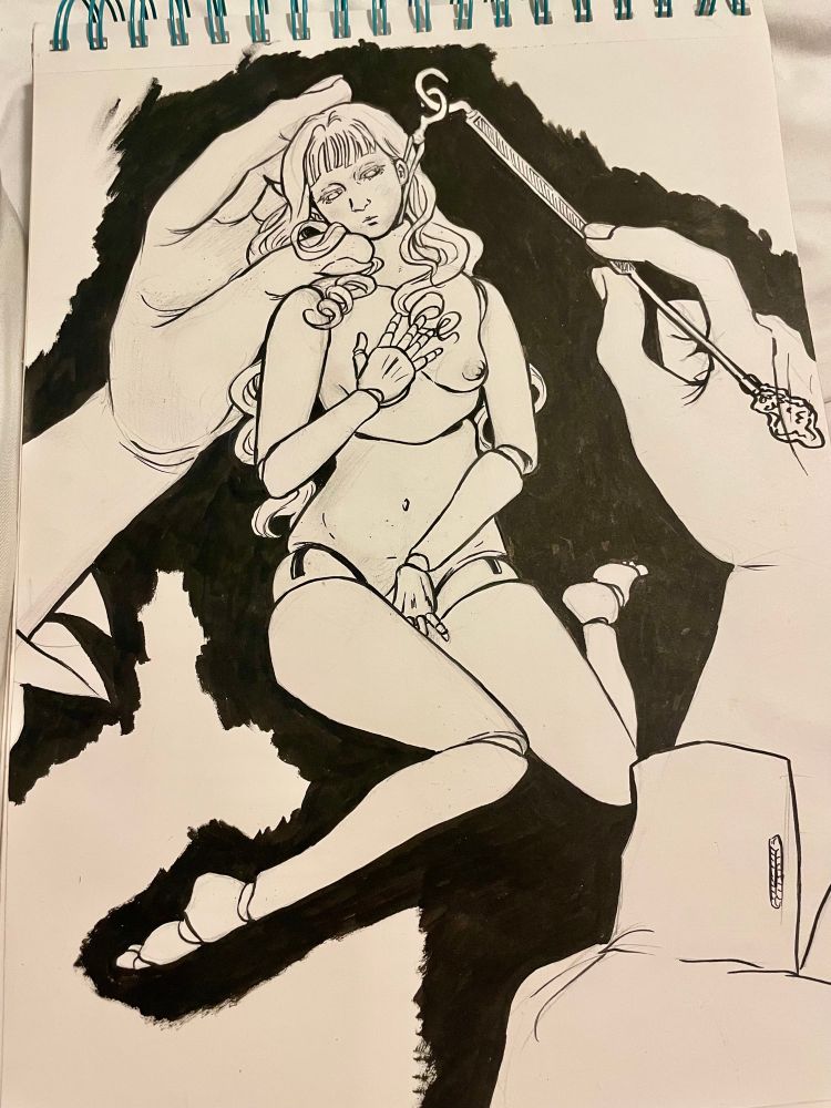 work in progress drawing of a nude ball jointed doll held gingerly by the head in one large hand while another large hand pulls its interior strings into position with a hooked tool