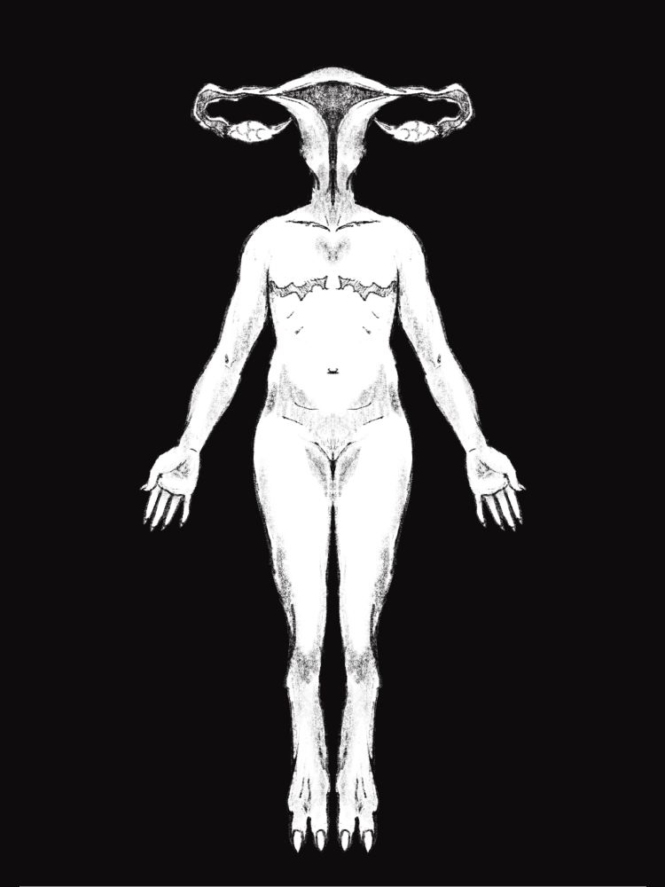black and white drawing of a humanoid figure with a uterus for a head, mimicking the shape of goat horns, with top surgery scars and cloven feet