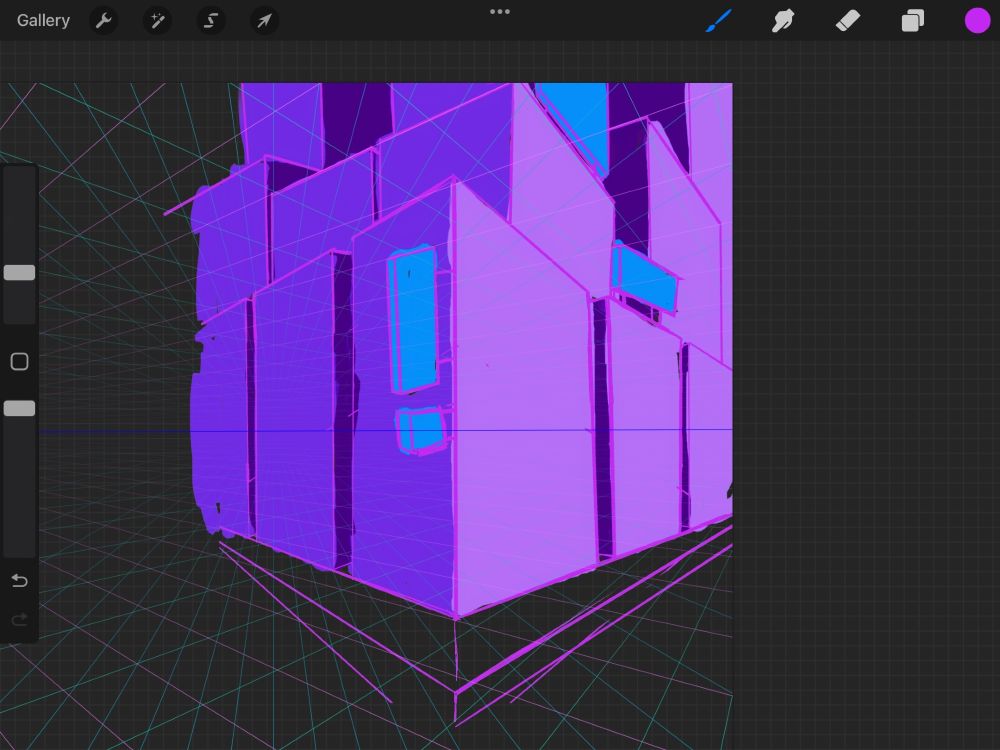 A screenshot of the Procreate app that contains a rough sketch of a perspective city drawing. The city buildings sit in two point perspective, the corner being centered. The buildings appear to be stacked on top of each other and are colored with different shades of purples and blues.