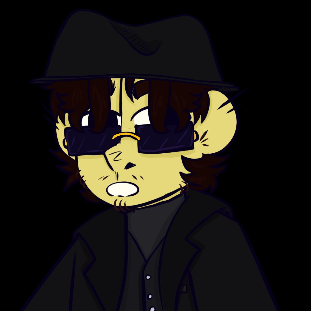 A stylized digital drawing of a talking character sprite of a guy. He wears dark clothing, a dark hat, and sunglasses.