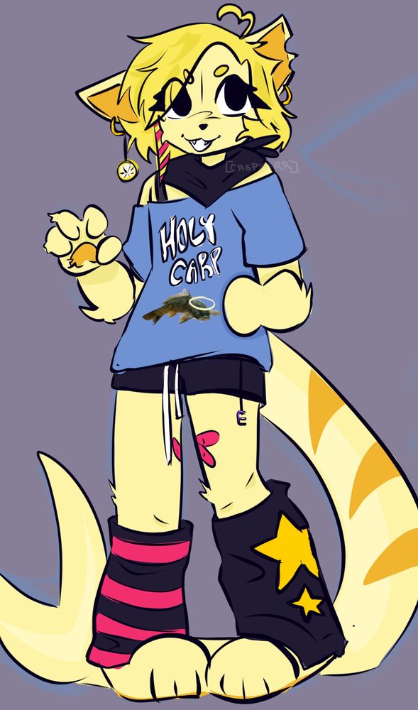 A digital stylized drawing of a lemon shark cat fursona design. The fur is a light yellow, with a darker yellow hair color. Their hair contains a pink and yellow stripe dyed raccoon tail. They wear a hoop earrings along with a lemon earring. They also wear a black bandana and a blue shirt. Their shirt reads "holy carp" with a low quality carp fish png with a halo on it. They wear a pink and black stripped legwarmer and a black leg warmer with yellow stars. 