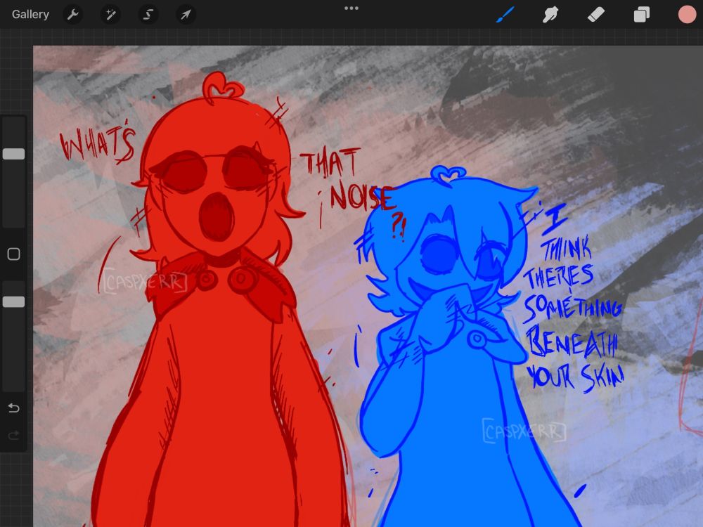 A screenshot of Procreate that contains a stylized digital drawing of the Red and Blue imaginary friends from the Roblox game "Pressure." Red sits on the left with the text "What's that noise" and Blue sits on the right with the text "I think there's something beneath your skin." Both lines are quotes from the game. 