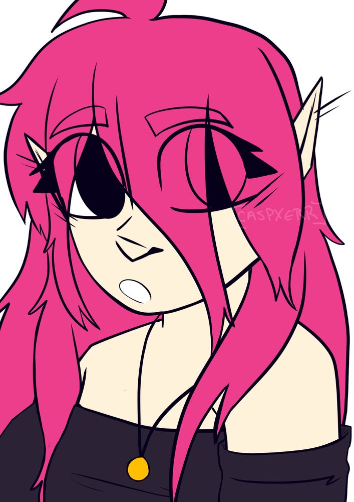 A work in progress digital stylized drawing of an elf girl with long pink hair. She wears an off shoulder top and a necklace with a yellow pendant. 