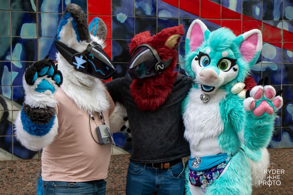A cute photo of 3 fursuiters, 2 of them being protogens and one a blue husky.
