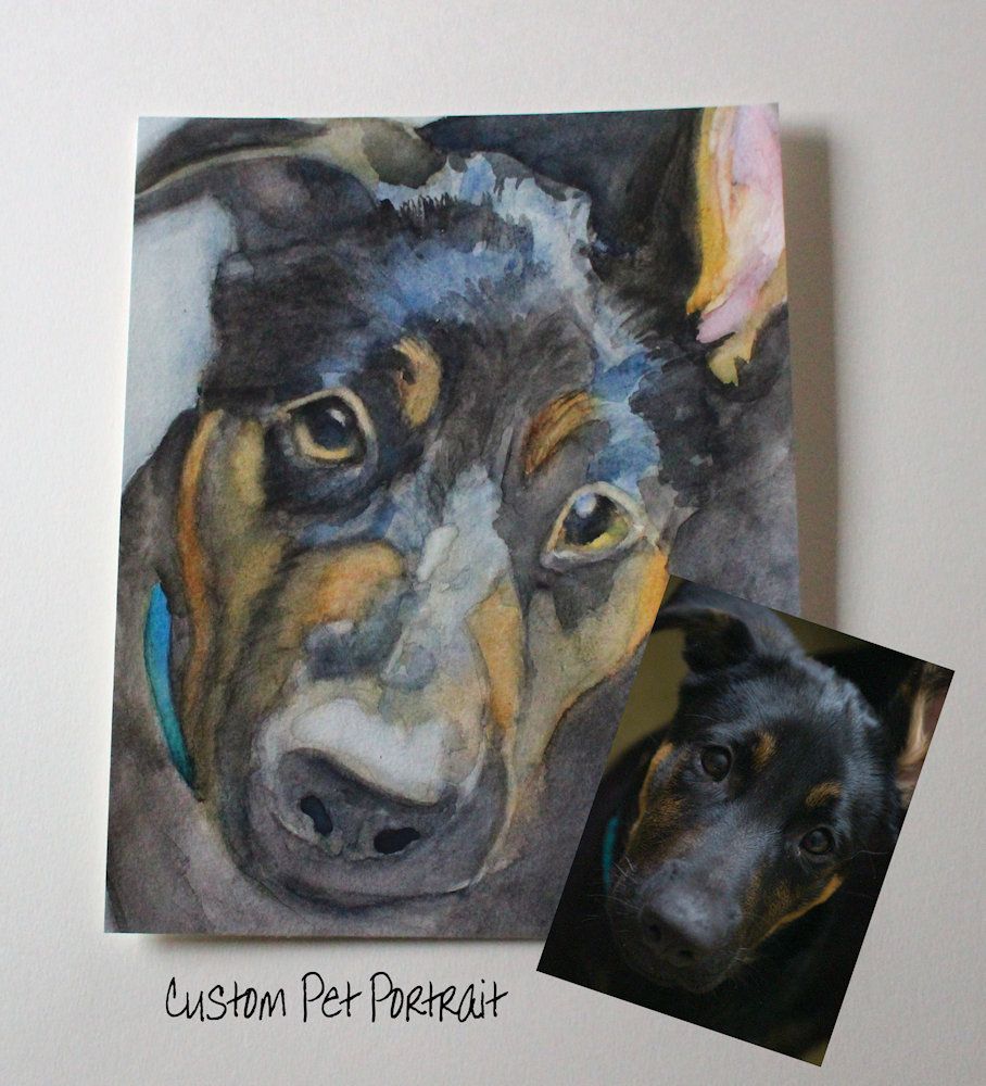 Unique Watercolor portrait of a German Shepherd dogs face painted from a photograph.  Custom portraits available by Sycamore Wood Studio.