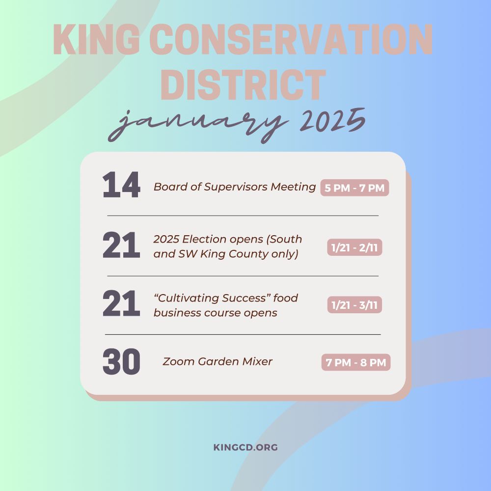 KING CONSERVATIO
DISTRICT
january 2025
14
Board of Supervisors Meeting
5 PM - 7 PM
21
2025 Election opens (South and SW King County only)
1/21 - 2/11
21
"Cultivating Success" food business course opens
1/21 - 3/11
30
Zoom Garden Mixer
7 PM - 8 PM.