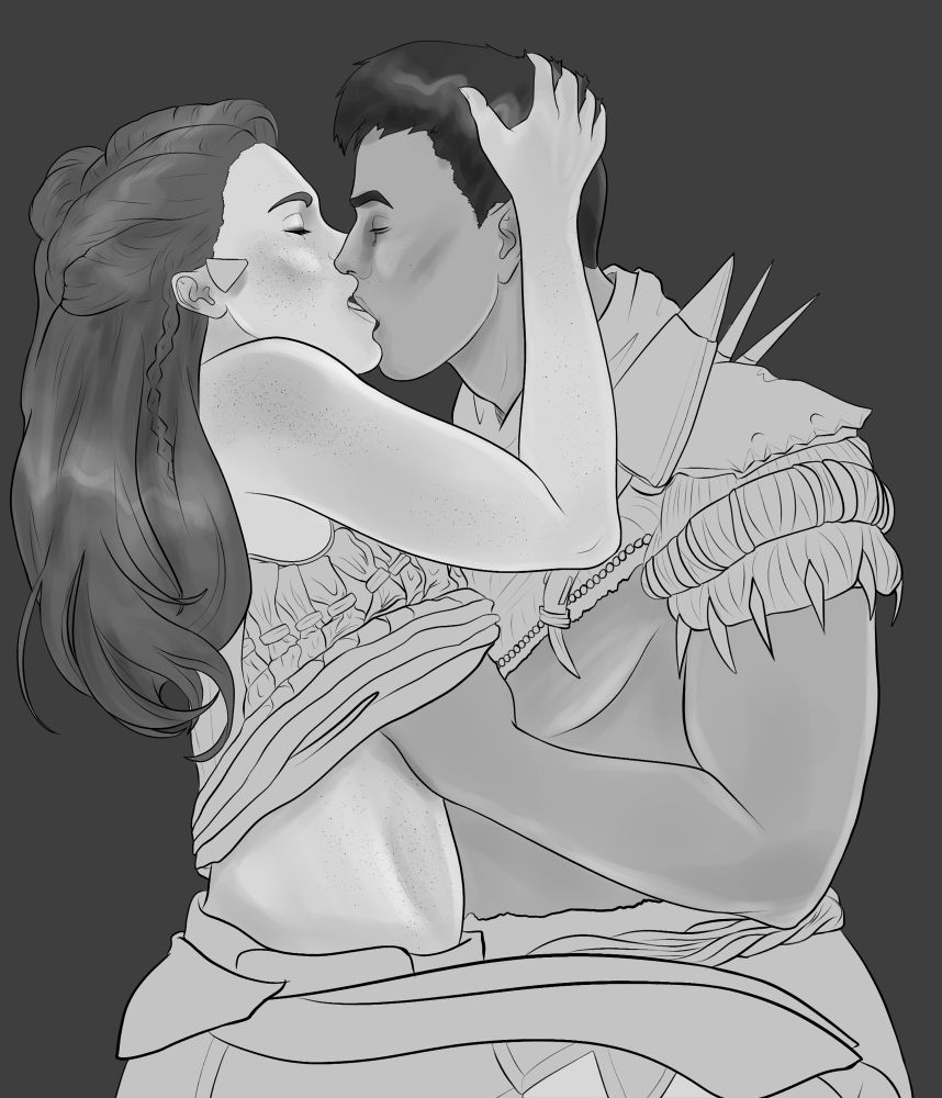 A black and white digital painting of Aloy and Nil from Horizon Forbidden West, in the midst of a heated kiss. Aloy’s hand is in Nil’s hair while his is under her Carja Blazon top and pushing it upward. 
