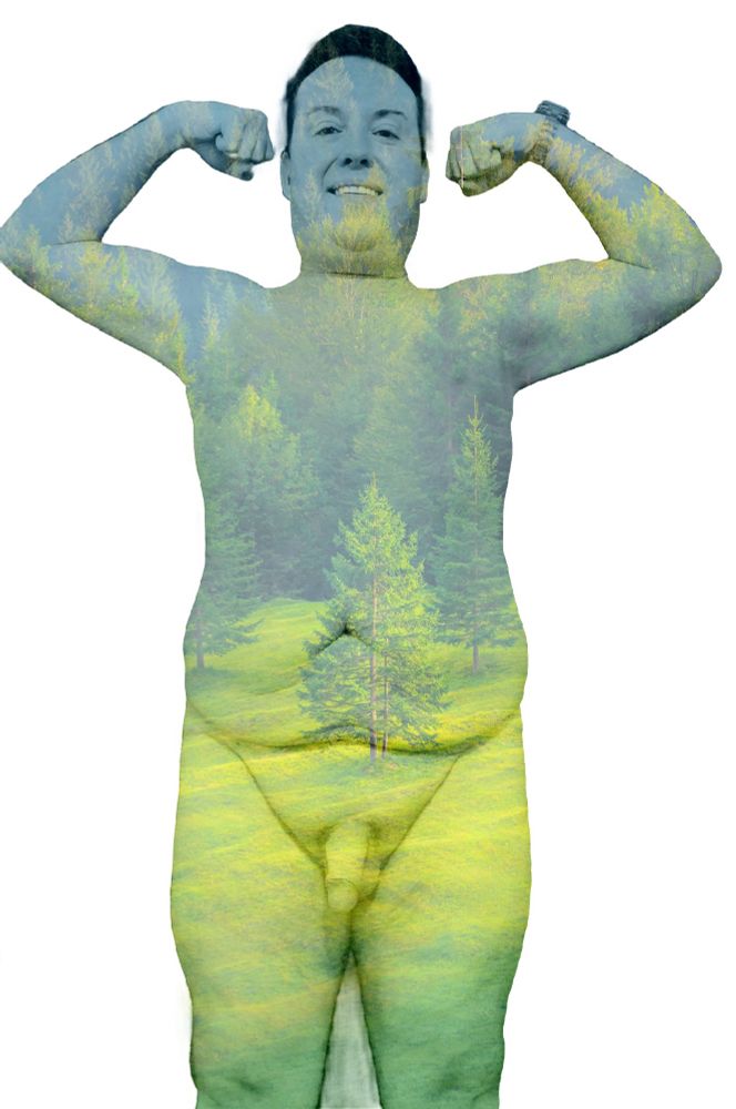 Tyler is flexing naked while an Earth Day filter applied, making trees and pastures appear on his naked body 