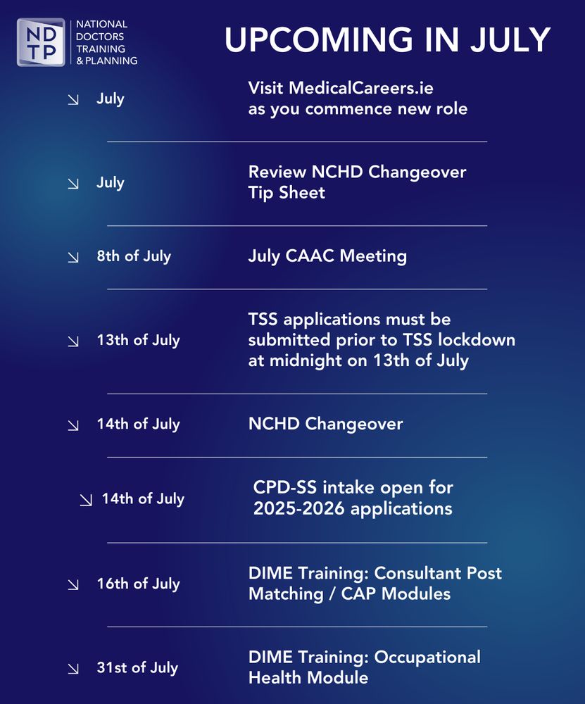UPCOMING IN JULY
July
Visit MedicalCareers.ie as you commence new role
July
Review NCHD Changeover Tip Sheet
8th of July
July CAAC Meeting
13th of July
TSS applications must be submitted prior to TSS lockdown at midnight on 13th of July 14th of July
14th of July
CPD-SS intake open for 2025-2026 applications
14th of July
NCHD Changeover
16th of July
DIME Training: Consultant Post Matching / CAP Modules
31st of July
DIME Training: Occupational Health Module
