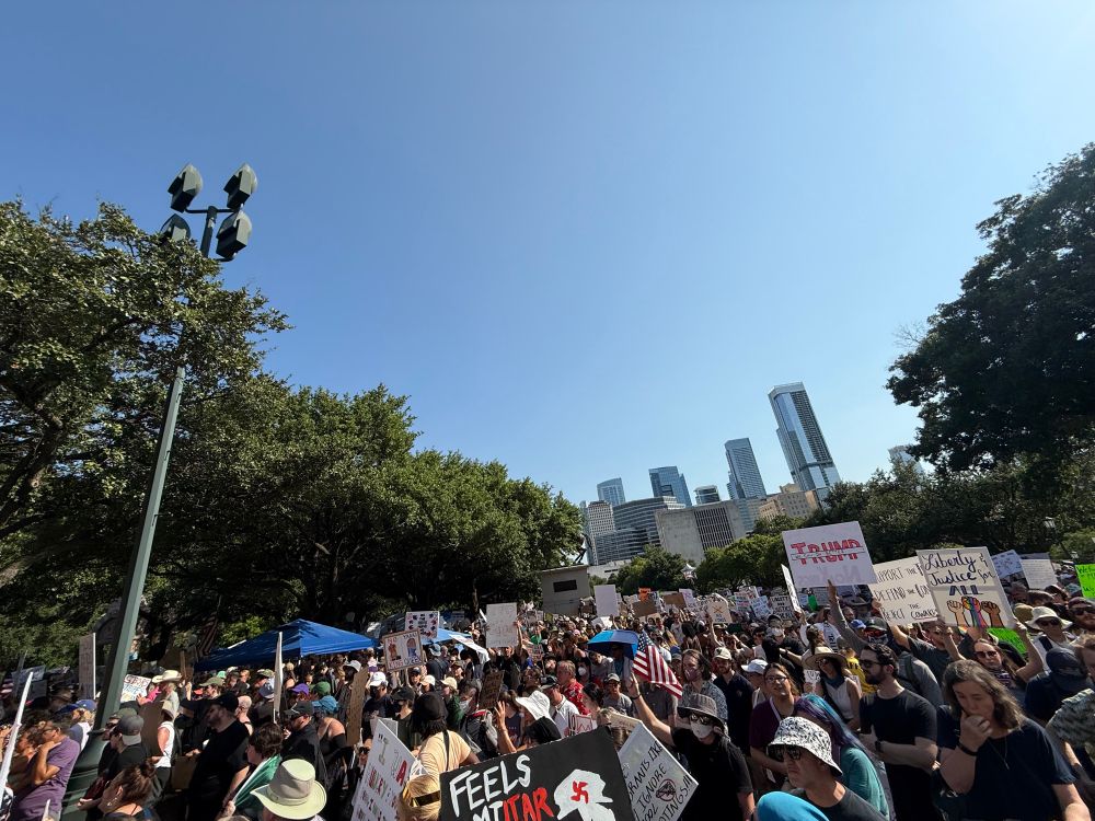 the protest crowd facing Downtown