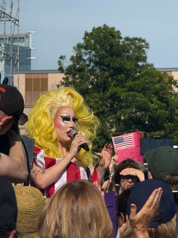 Austin Drag Queen Brigitte Bandit speaks at the rally. 
