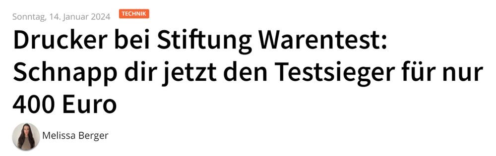 Screenshot von TVMovie.de mit der Zeile "Drucker bei Stiftung Warentest: Schnapp dir jetzt den Testsieger für nur 400 Euro" und der Datumsangabe 14. Januar 2024.