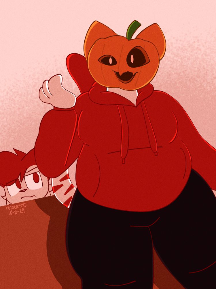 Rojo with a pumpkin for a head. His actual head doesn’t seem pleased