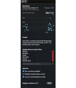 Happy Friday!

Recently, I was toying around with making a small open source macOS menu bar experiment/app to track keyboard usage 'streaks' (no mouse).  Here's what it looks like so far: