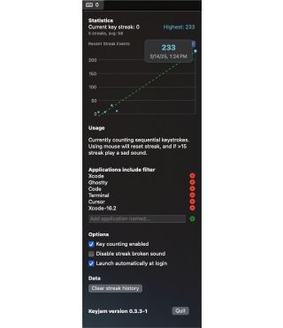 Playing around with [building out] this keyboard streak tracking idea some more.  Added a way to reset the data, and with only a couple of data points on the chart, my improvement trend line today is impressive.  🤣