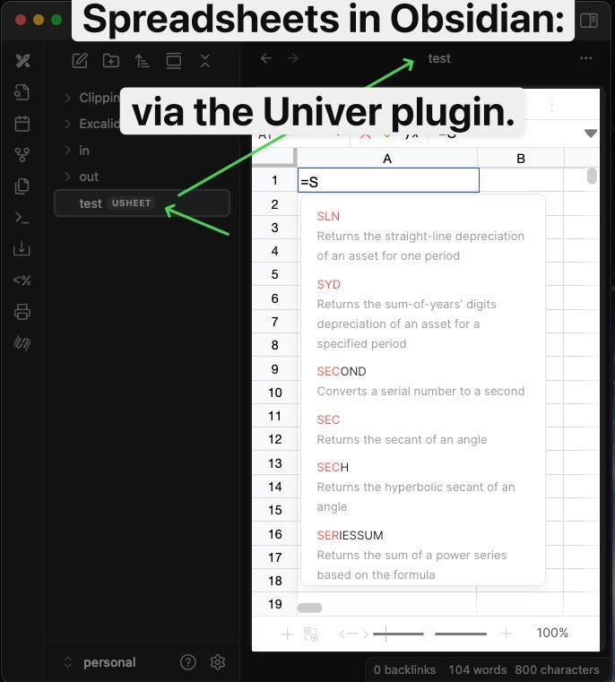 I have been very surprised how fully featured this Obsidian spreadsheet plugin (
Univer") is.   

Now I have small local spreadsheets organized with notes and diagrams (Excalidraw plugin), and I really have not run in to any layout/calc I needed that it could not handle. 