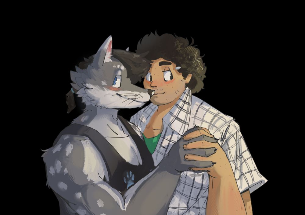 A commissioned piece by suburbancreature, a particular fav of mine. Kennard, the wolf on the left, is holding my hand, the human on the right being me. <3
