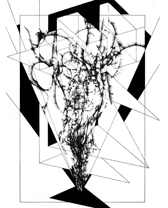 An intensely abstract black and white illustration that appears in Andrew Chumbley's Azoetia, one of many. It depicts multiple overlapping and intersecting geometric solids. From the bottom nadir, a mass of tendril like shadows emerge and then give way to a diaphanous and membranous field of bubbles and voids in painstakingly detailed pointillism.  