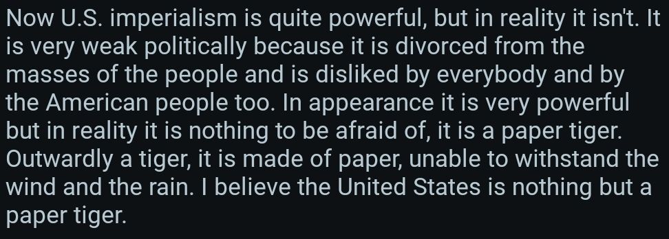 A short snippet from "US imperialism is a paper tiger" 

