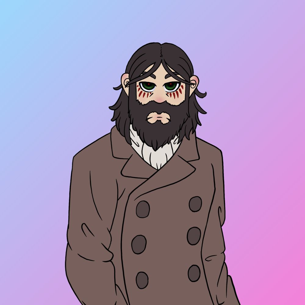 Grisha Jaeger with longer, thicker hair, and a thick beard/mustache combo. His eyes are slightly narrowed with an ominous look in them. There are also deep red grooves under his eyes.