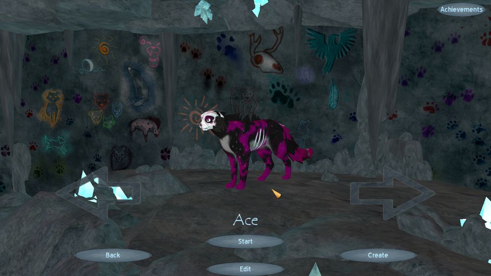 A screenshot of FHU showing a cat character named Ace. She is a black cat with asexual pride colors. She has white skull, rib and tail bone markings, one white eye and one purple eye, purple freckles, small ears, long fur, and an overall purple nebula-like look.