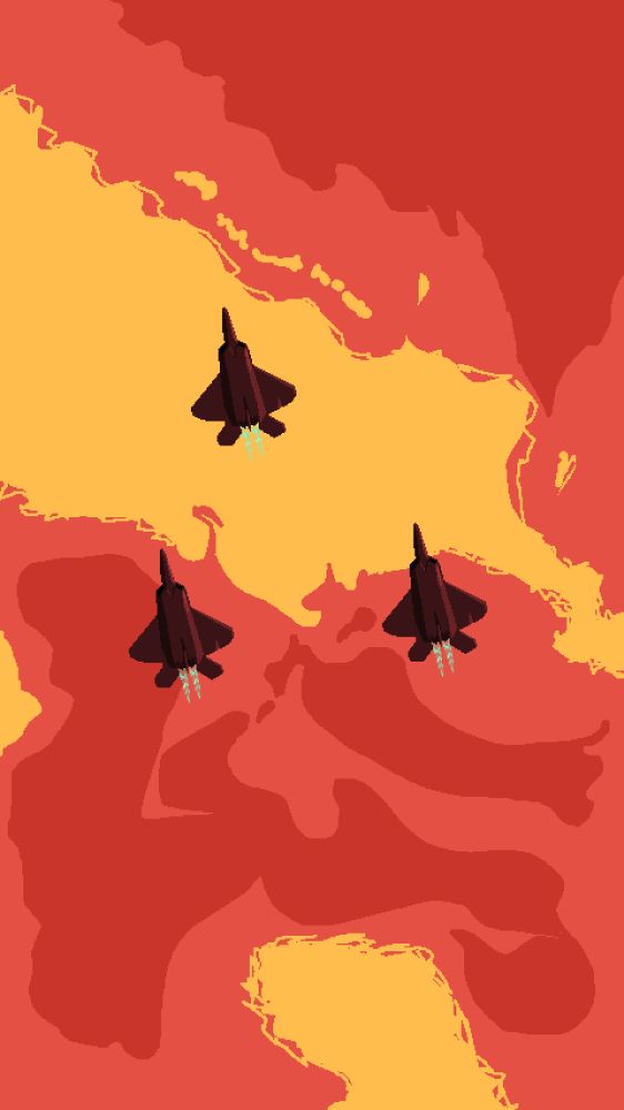 A pixel art illustration of 3 F22 Raptor Stealth Fighters flying over the viewer in a wedge formation. The background is a surreal red and yellow sky.