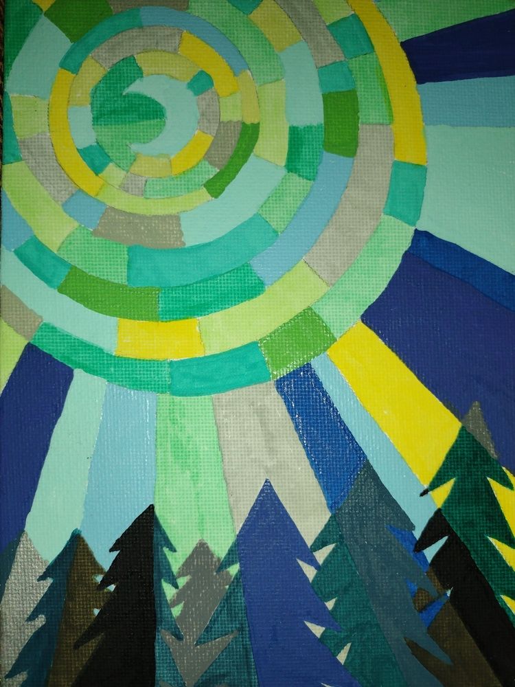 An impressionist painting of the moon casting light on a pine forest.