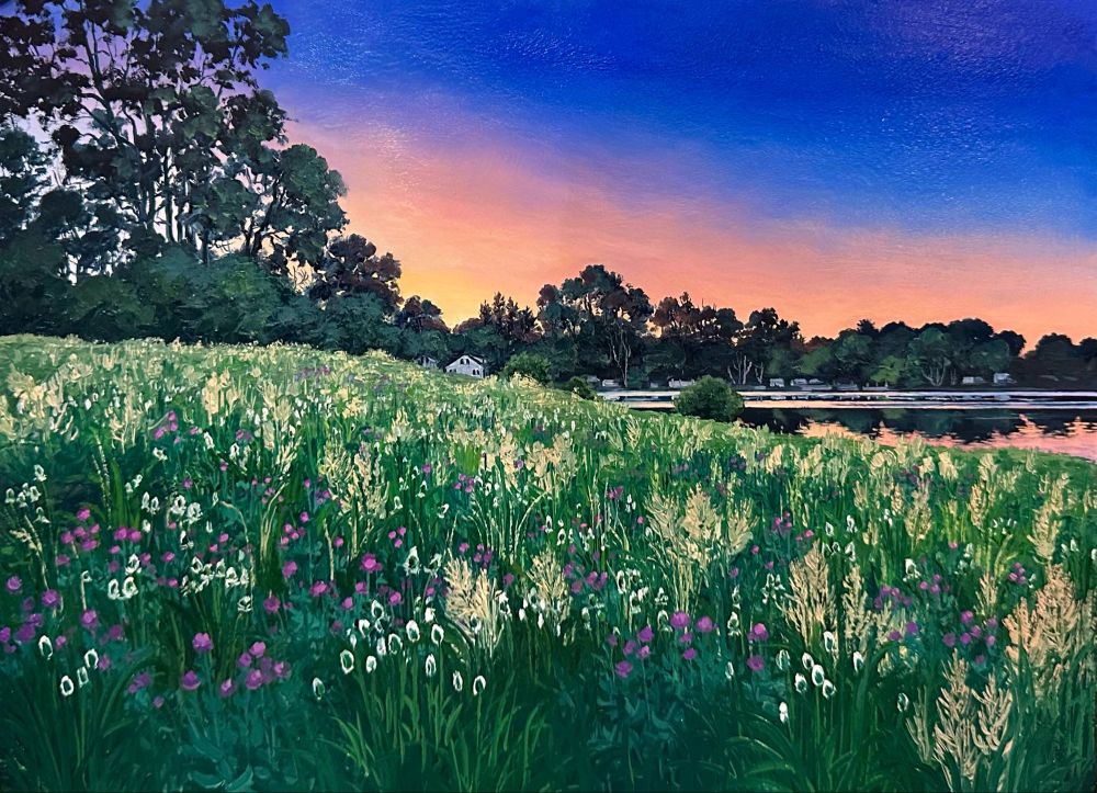 Oil painting of the sun rising over a still lake with a field of blooming clover in the foreground 
