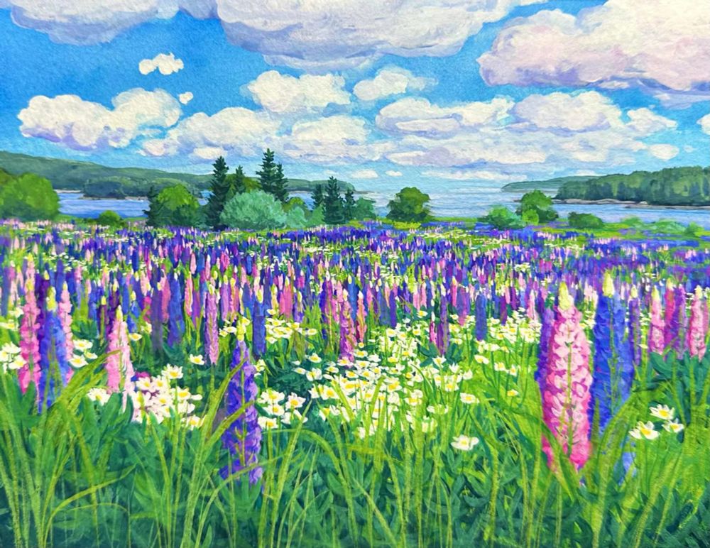 Gouache painting of a wildflower field with the ocean and a hazy summer sky beyond 