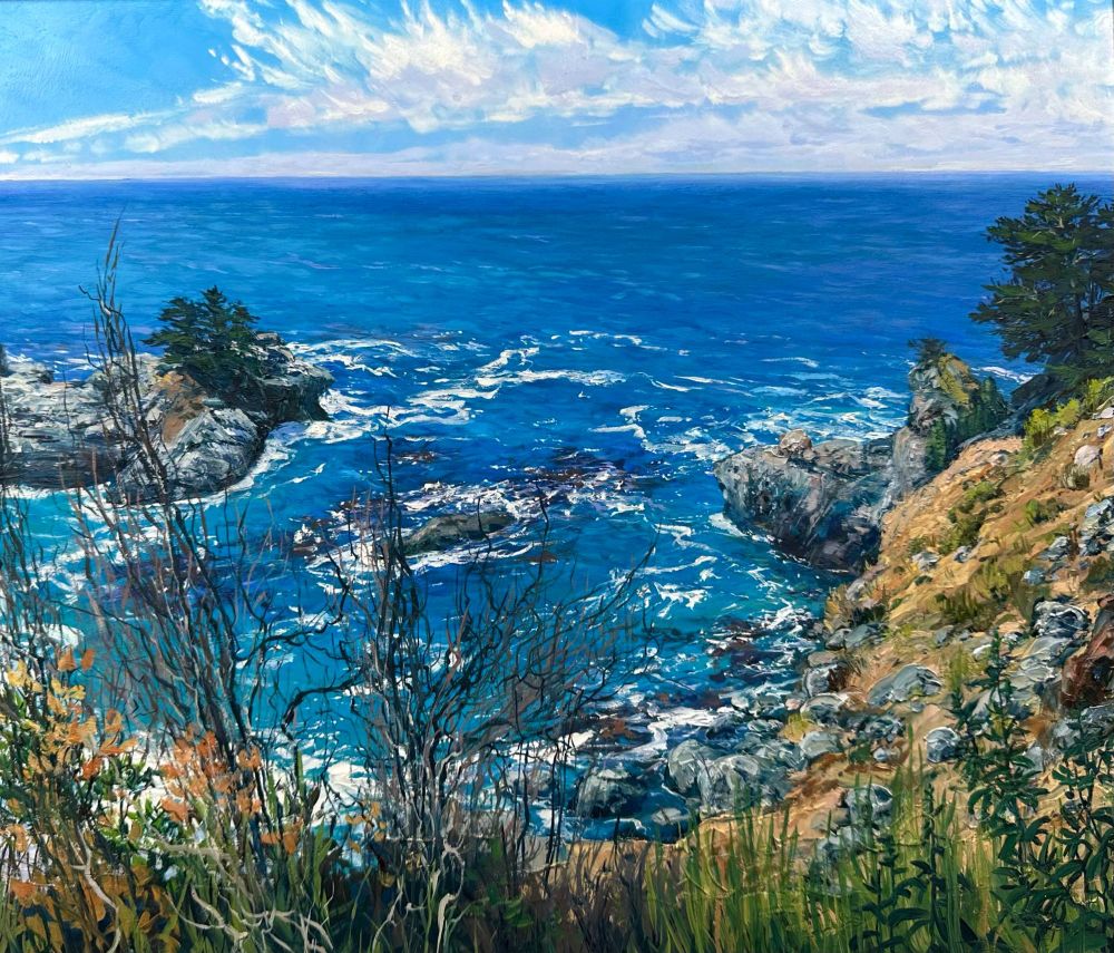 Large oil painting of Big Sur from the cliff side looking down into the deep blue water 