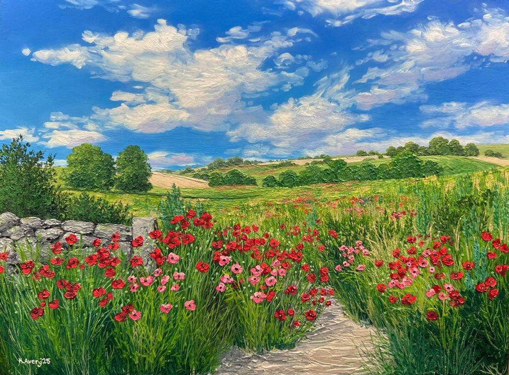 Large oil painting of rich green farmland dotted with hedges, trees, and clusters of pink and red wild poppies 