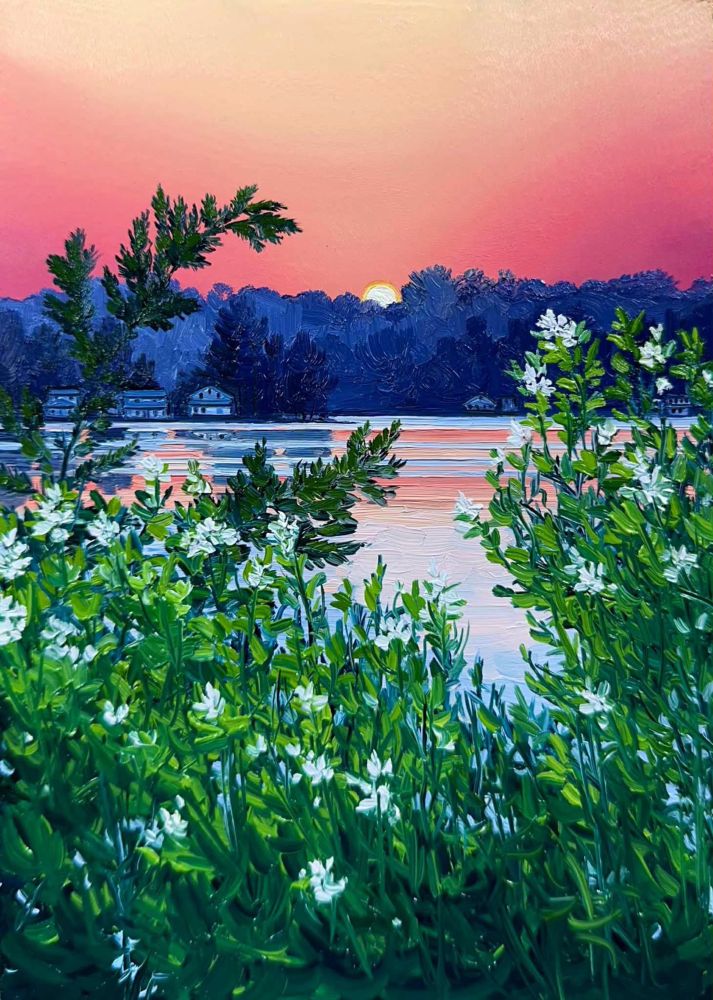 Small oil painting of wild roses in front of a lake at dawn