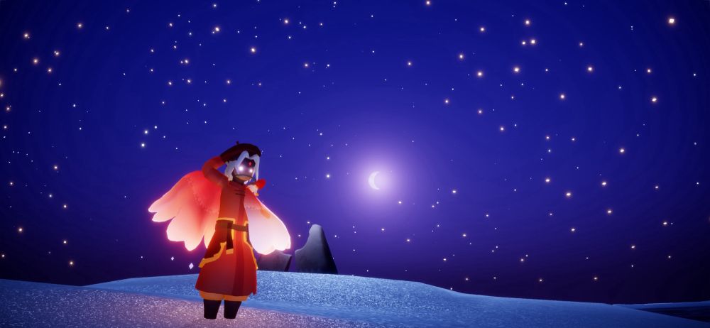 一面の星空と中央には三日月。薔薇を咥えた星の子がいます。