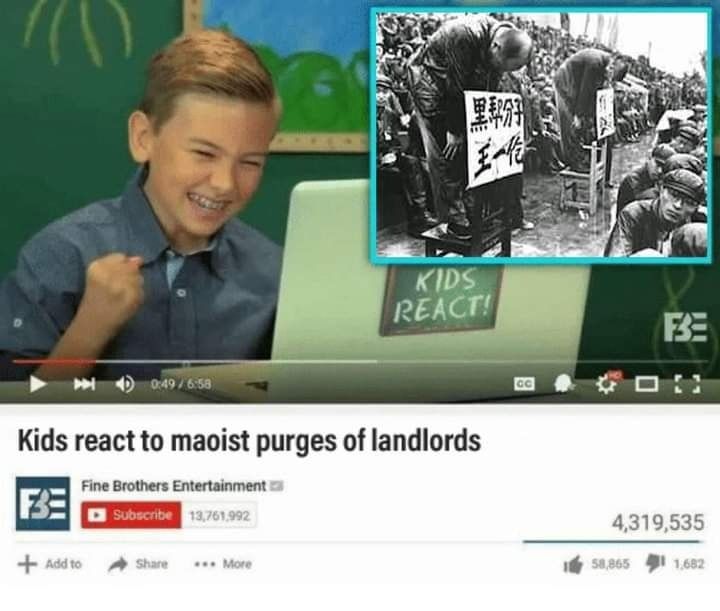 Kids react to maoist purges of landlords featuring a child gleefully laughing 