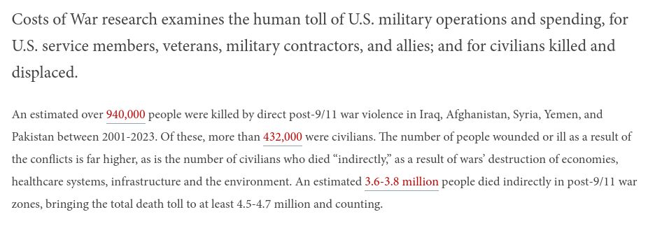 "an estimated over 940,000 people were killed by direct post 9/11 war violence in Iraq, Afghanistan, Syria, Yemen, and Pakistan between 2001-2003. Of these more than 432,000 were civilians. The number of people wounded or ill as a result of the conflicts is far higher, as is the number of civilians who died "indirectly" as a result of wars' destruction of economies, healthcare systems, infrastructure and the environment. As estimated 3.6-3.8 million people died indirectly in post-9/11 war zones, bringing the total death toll to at least 4.5-4.7 million and counting."