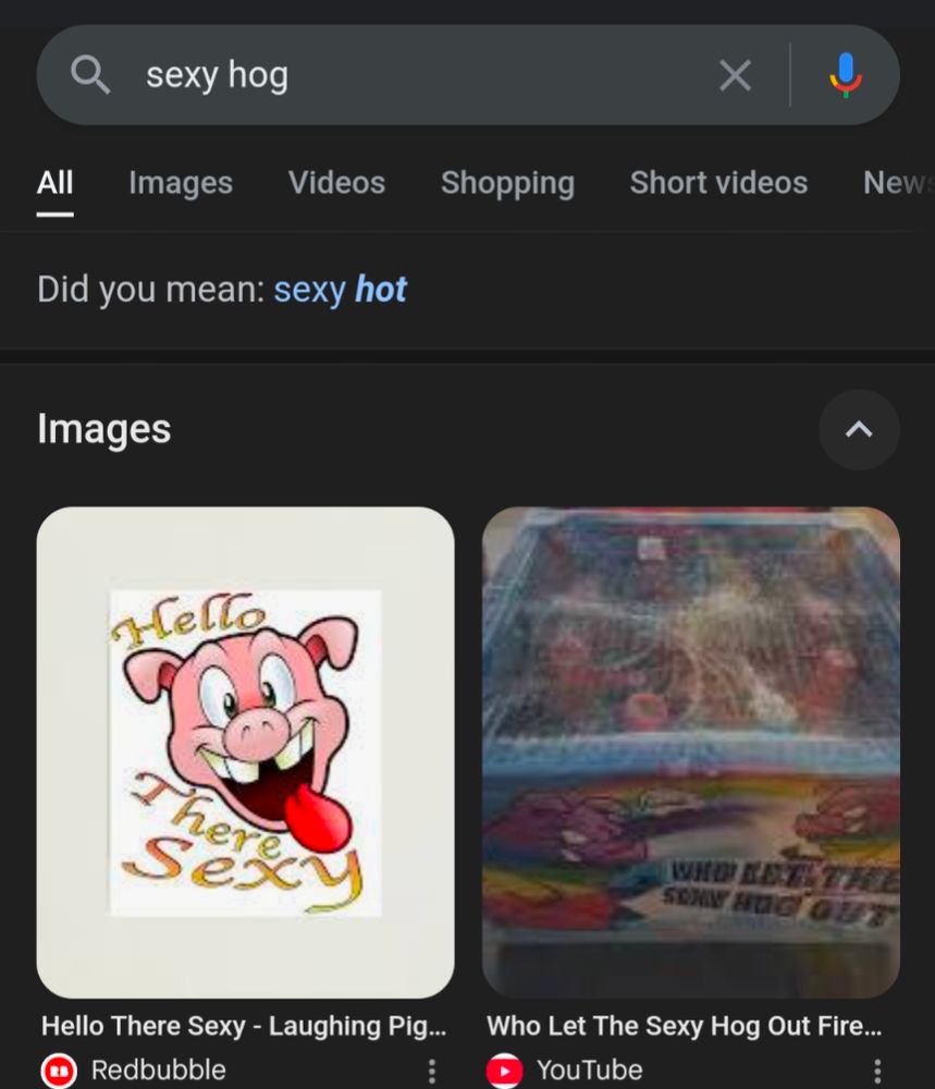 Google search for "sexy hog." First result is a cartoon pig saying "hello sexy" in an unsexy way.