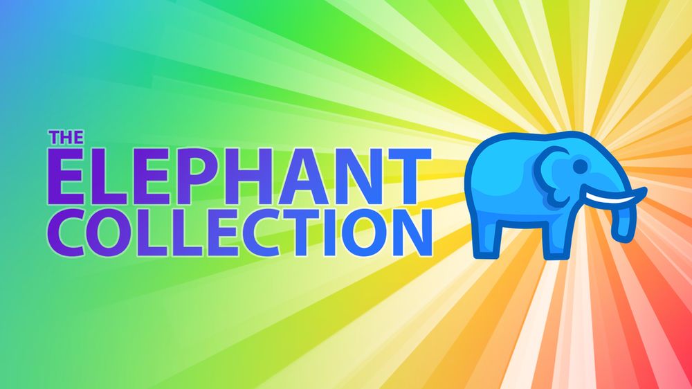 The keyart for The Elephant Collection is on the right hand side, a blue elephant stands in front of a bright rainbow swirl.