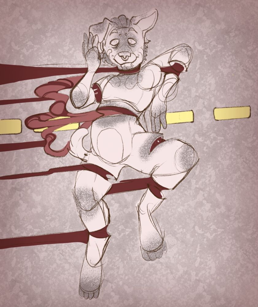 Drawing of an eviscerated anthropomorphic dog in the middle of a street