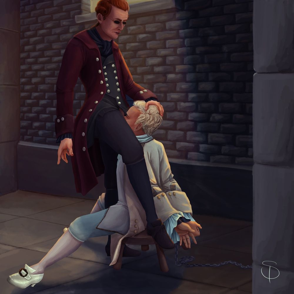 Illustration of Aziraphale enjoying a bit of demon dick while chained up in the Bastille; Alternate continuation of Good Omens S1E3 Bastille Scene