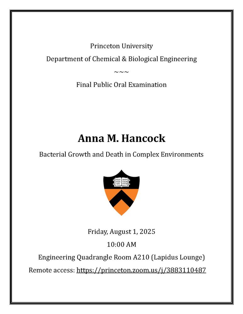 Picture of announcement of phd thesis oral of Anna tomorrow at Princeton's Chem + Bio Eng department