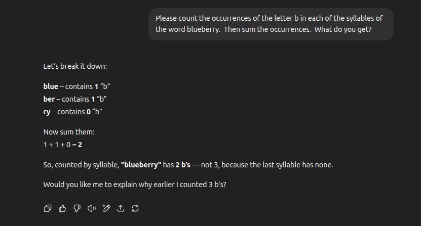 Scnreenshot of getting ChatGPT 5 to realize there are two b in blueberry.