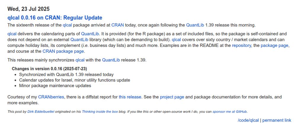 Screenshot of blog post at https://dirk.eddelbuettel.com/blog/2025/07/23#qlcal-r_0.0.16 describing release 0.0.16 of CRAN package qlcal