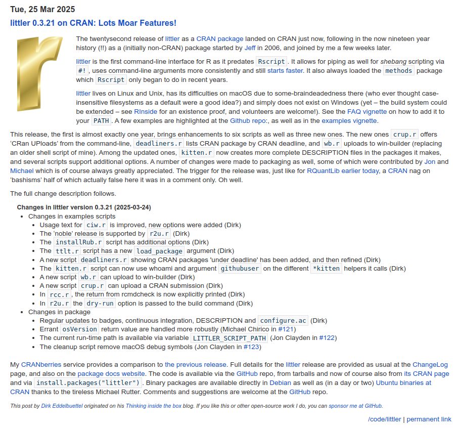 Screenshot of blog post at https://dirk.eddelbuettel.com/blog/2025/03/25#littler_0.3.21 describing release 0.3.21 of CRAN package littler