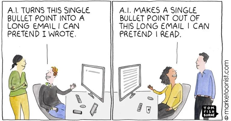 Tom Fishburne cartoon from https://marketoonist.com/2023/03/ai-written-ai-read.html aptly describing how AI creates messages from three bullet points into expanded text ... which is fed at the other end into AI to extract three bullet points.  Lossly, one assumes.