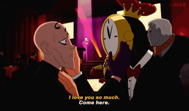 The Riddler and Clock King holding each other, saying I love you so much 