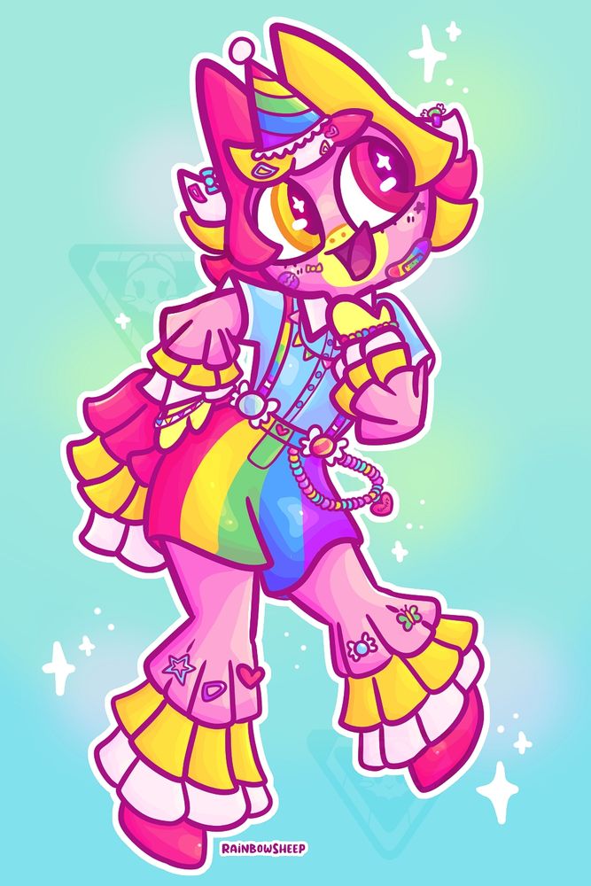A brightly colored pinata pony character named Dulce stands with a fun pose.  He has rainbow shorts on, a blue top, a party hat, and has quite a few barrettes.  Dulce also has one yellow eye and one pink eye.