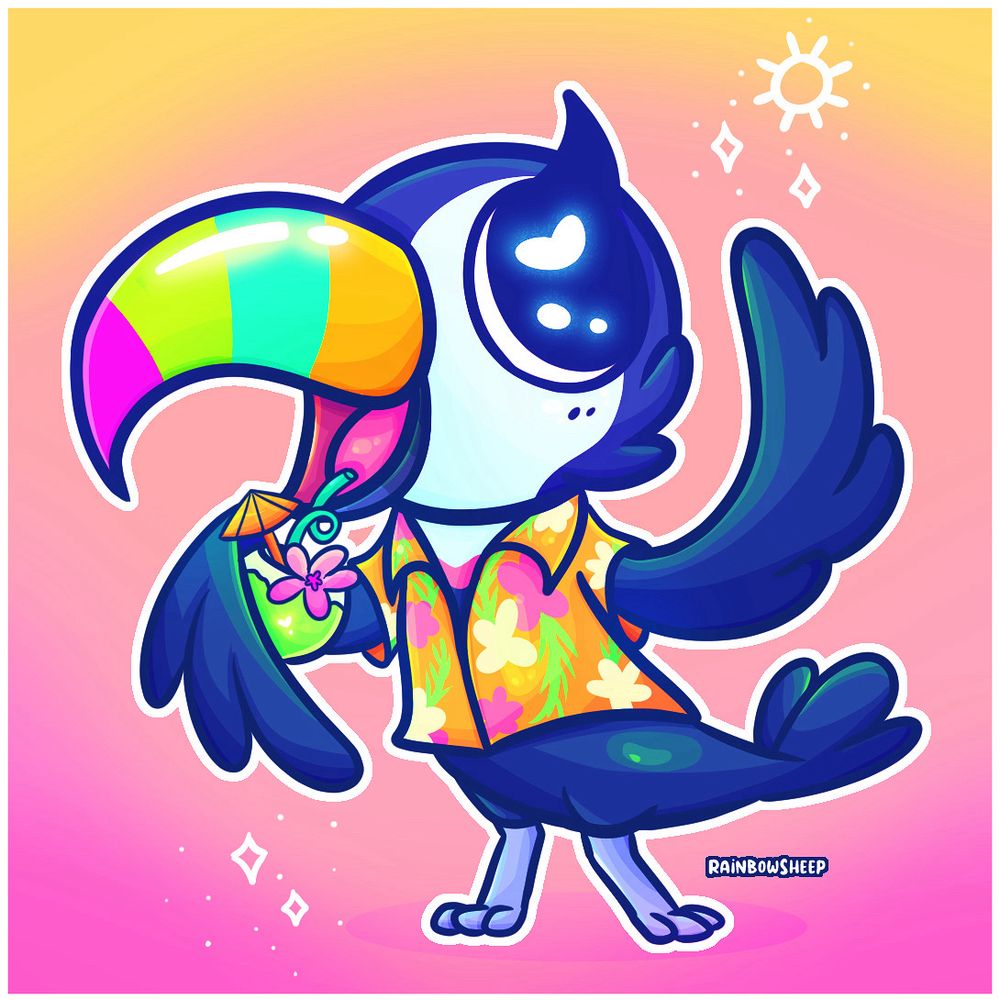 A cartoony toucan with a Hawaiian shirt is also enjoying a tropical drink in a coconut. The colors are bright and saturated.