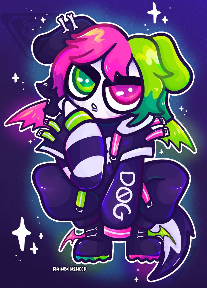 A puppy like character takes a squatting position with one arm to their face and one arm hanging down.  They wear mostly black but rock hot pink and lime green in their hair and eyes.  They also have bat wings on their back along as well as their shoes.  The sleeves they wear are long so the hanging down arm you can see the hand at all but that sleeve also says "dog" on it.